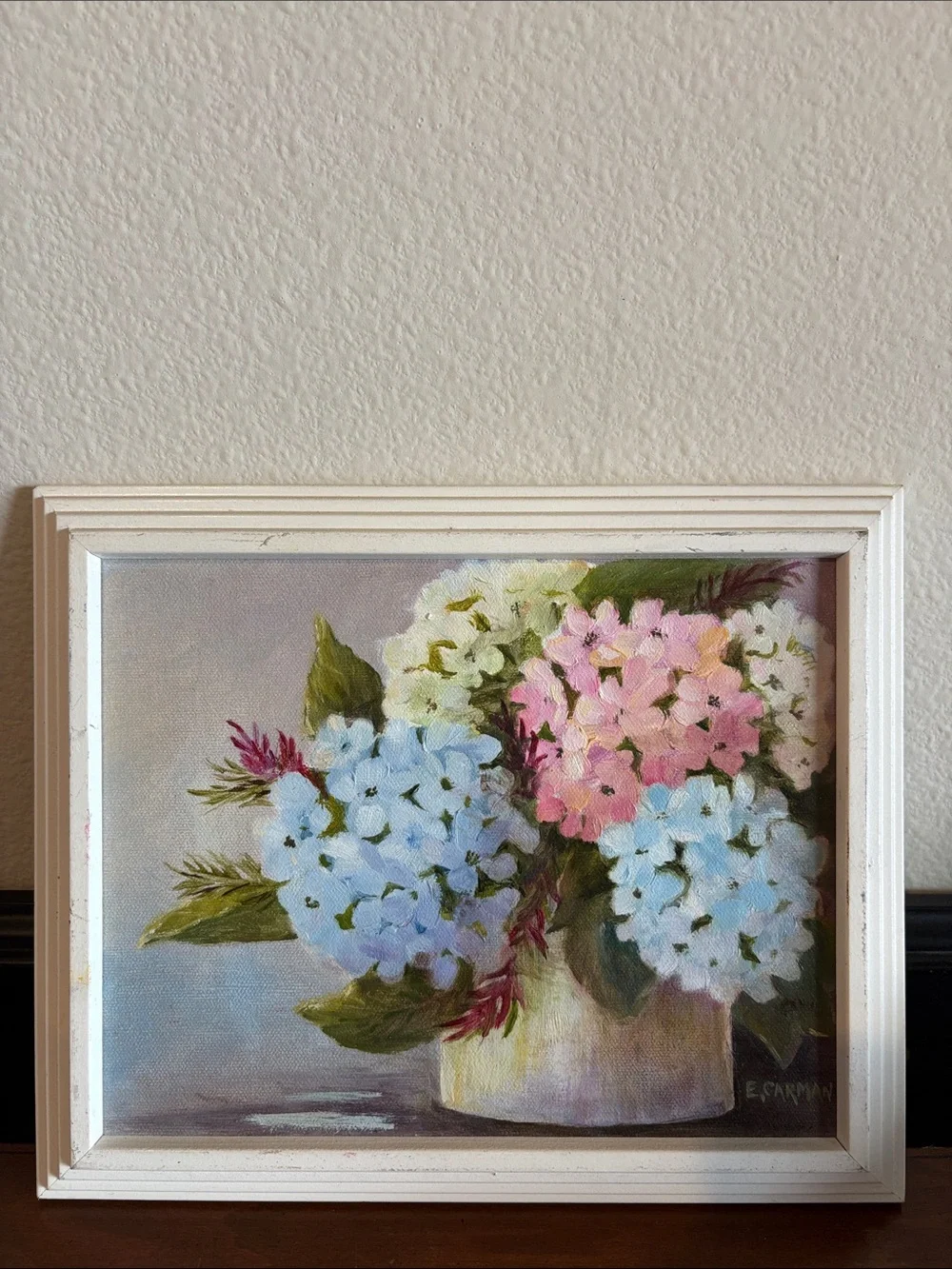 Hand painted Pink and Blue Hydrangea Flowers in pot Framed white trim 11